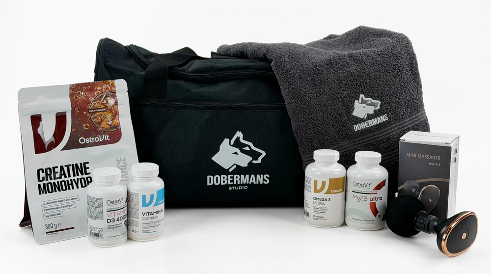 Pakiet startowy Dobermans Studio: torba, ręcznik, suplementy i mini masażer